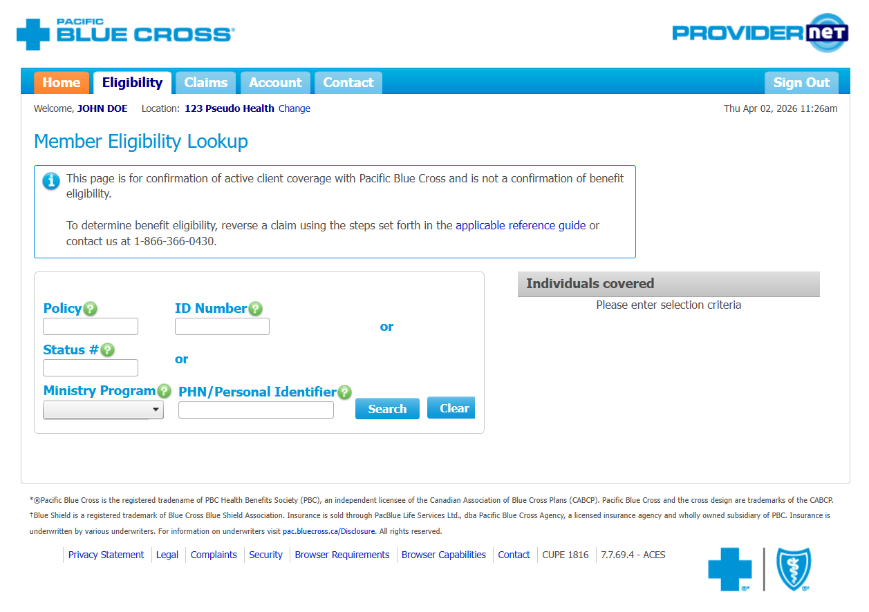 Check Member Eligibility Screen