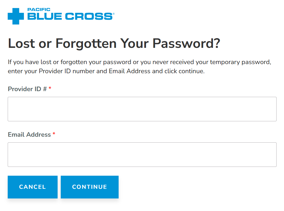 PROVIDERnet Forgot Password screen